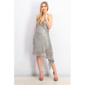 $128 Guess Gunmetal Gray Lucila Sequin Wrap Dress Medium NEW G276
